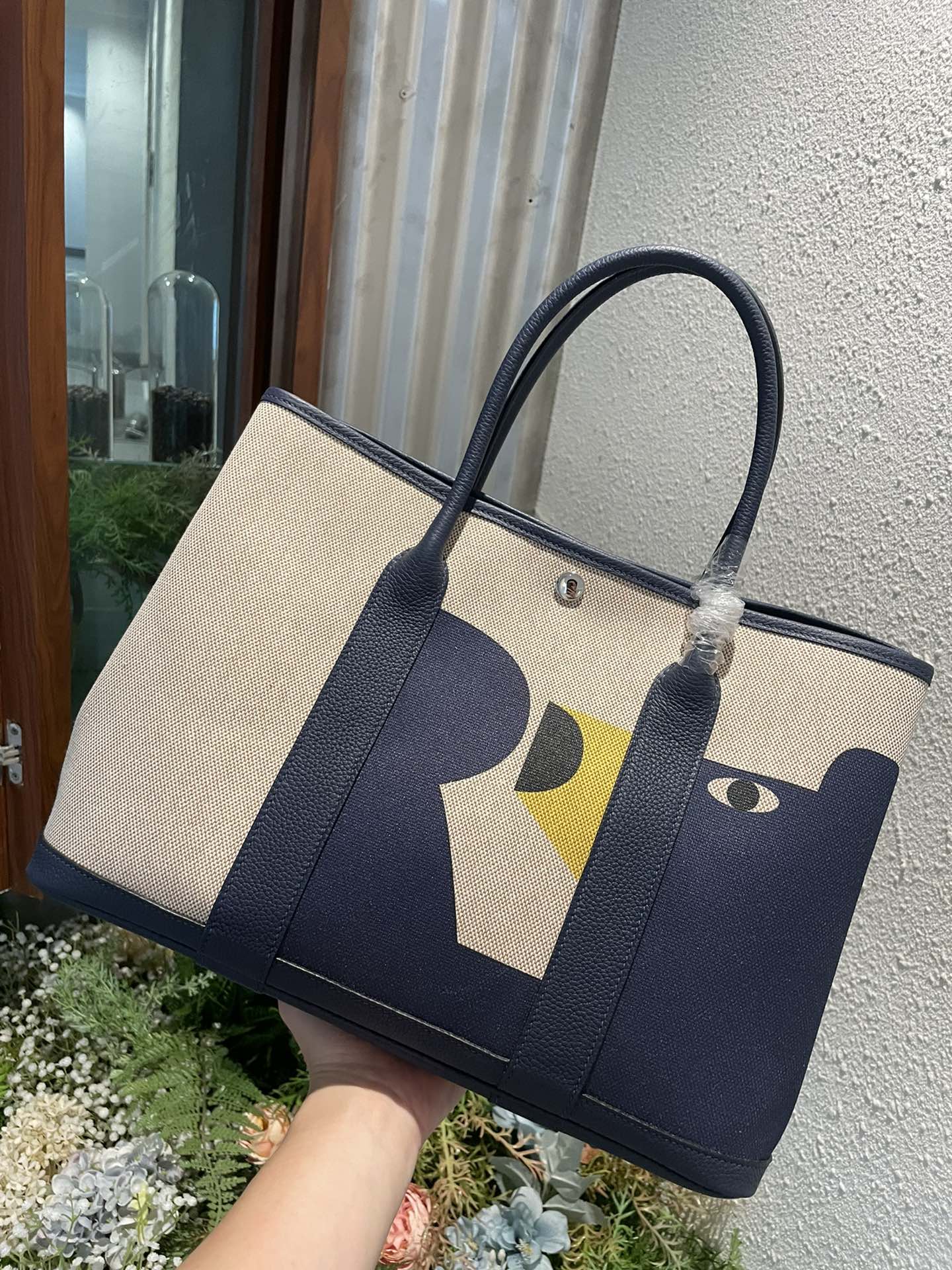 Hermes Garden Party 36cm Canvas Tote Handbag In Dark Blue Clemence Leather